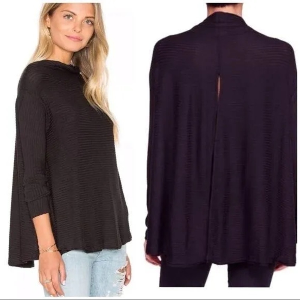 Free People Ribbed Slouch Lover Rib Split Back Pullover Top SIZE XS Black